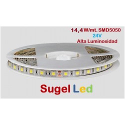 Tira LED 5 mts Flexible 24V 72W 300 Led SMD 5050 IP20 Blanco Neutro Alta Luminosidad